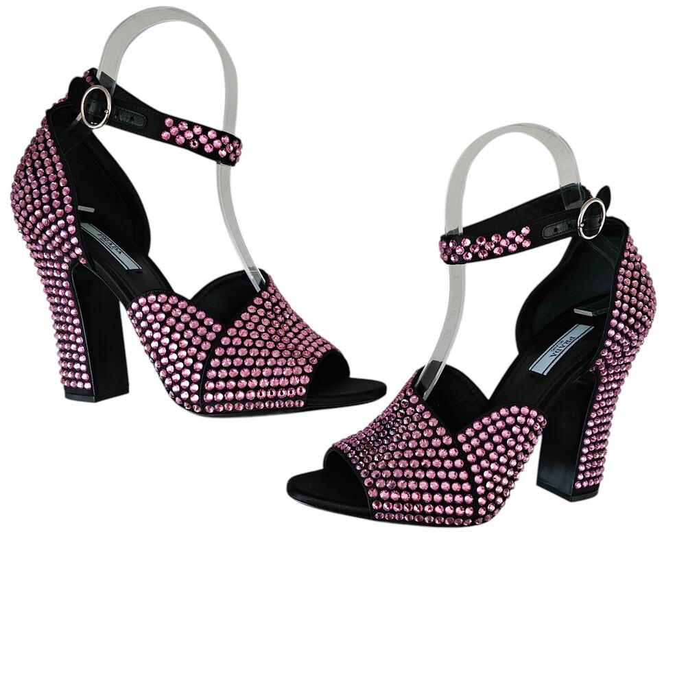 Prada Crystal Embellished Pink Ankle Strap Heel Sandal Size 39.5 US 9.5 Open Toe - Picture 5 of 9